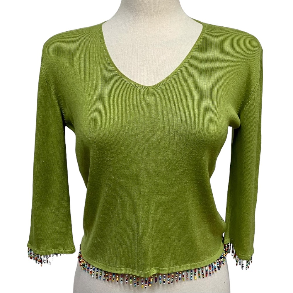 VINTAGE Y2K Joseph A. 100% Silk Green V Neck Beaded Sweater Women’s Medium
